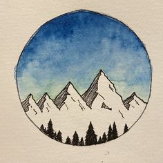 a watercolor drawing of mountains and trees in a circle with blue sky behind it