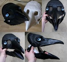 four pictures of a bird mask with blue eyes