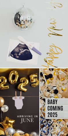 gold foil balloons and streamers are featured in this collage with new year's eve decorations