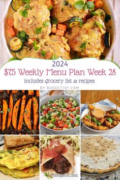 A collage from Budget101's $75 Weekly Menu Plan for Week 28, featuring budget-friendly meals like chicken with vegetables, sweet potato wedges, cucumber salad, chicken tenders, omelets, burritos, and a cream pie. Crispy Baked Chicken Tenders, Chicken Crispy, Baked Chicken Tenders