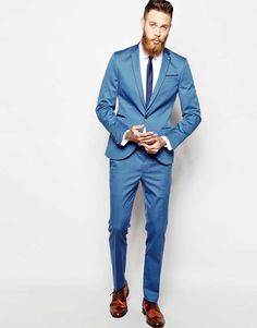 Noose & Monkey Skinny Suit Jacket With Piping Glaucous Blue, Monkey Light, Wedding Suits Men Blue, Blue Groomsmen Suits, Men's Tuxedo Wedding, Prom Tux, Suit Details, Blue Groomsmen, Groomsmen Tuxedos