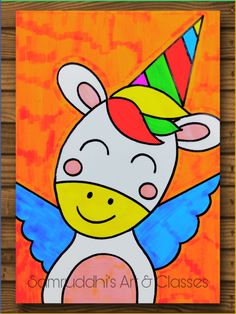 a painting of a unicorn with a party hat and wings on it's head