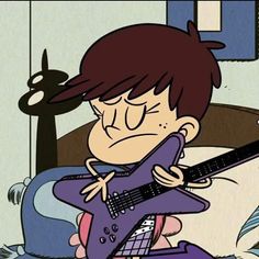 a cartoon character holding a purple guitar in his hand