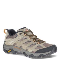 the men's hiking shoe in grey and orange is shown from the side view