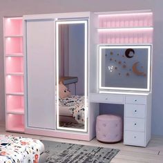 a child's bedroom with pink and white furniture, including a large mirror on the wall