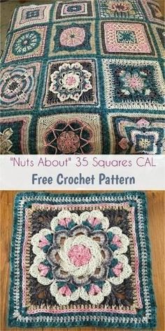 crocheted granny blanket with the words, nuts about 3 squares cal free crochet pattern