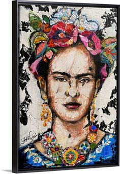 a painting with flowers in her hair on a white background framed canvas wall art print