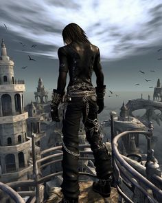 a woman standing on top of a building with chains around her ankles and black leather pants