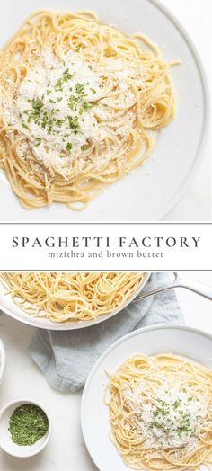 spaghetti with parmesan cheese and basil sauce in a white bowl on a plate