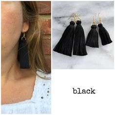 This is it: can't-go-wrong classic black tassel danglers in lighter-than-air cotton. I think you just met your new favorite earrings. LONG is 3.25 inches and MINI is 2.5 inches from the top of the ear wire (each piece is handmade so lengths are approximate) hand-tied cotton tassel in black gold-plated stainless steel ear wire hooks lead-free and nickel-free plastic earring back for security packaged on a hand-stamped kraft earring card in a clear resealing bag Chic Black Fringe Earrings, Chic Black Earrings With Fringe, Black Tassel Drop Earrings, Minimalist Tassel Drop Earrings, Black Drop Tassel Earrings As Gift, Black Fringe Tassel Drop Earrings, Casual Black Dangle Earrings, Decades Of Fashion, Plastic Earrings