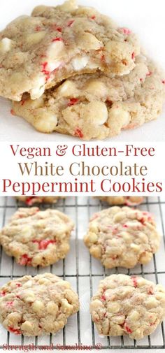 vegan and gluten - free white chocolate peppermin cookies on a cooling rack