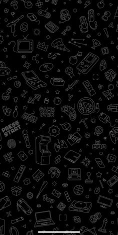 black and white doodle wallpaper with different types of objects on it, including an apple logo