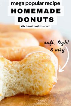 a close up of doughnuts on a cutting board with the words, mega popular recipe homemade donuts soft, light and air