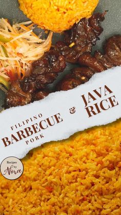 rice, meat and vegetables are on display with a sign that says barbeque & lava rice