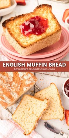 english muffin bread with strawberry jam on top and in the background, there is a pink plate topped with slices of toast