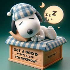 a toy dog sleeping on top of a wooden box with the caption get a good night's sleep for tomorrow