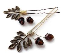 Very pretty nature-inspired vintage style dark or golden-brown acorn and leaf hairpin set of two. Gorgeous hair decorations for women for every dress occasion. A great finishing piece to any outfit whether it is casual or dressy.  The acorn is a symbol of growth and unlimited potential. Whether you're looking for growth, perseverance, or stability, the acorn symbolizes it all. All the wonder in a mighty oak grows from a single acorn. Romantic botanical hair jewelry created with 6 cm long u-shape Brown Hair Accessories, Mighty Oaks, Pretty Nature, Hair Fork, Style Dark, Dress Occasion, Etsy Wedding, Hair Stick, Hair Decorations