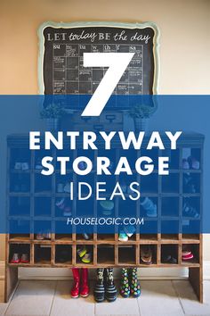 the 7 entryway storage ideas for shoes and boots in front of a chalkboard