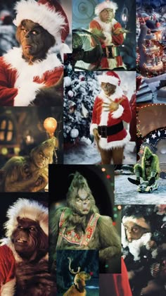 several pictures of santa claus and other christmas characters in costume, including an ornament