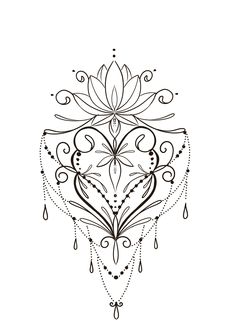 a black and white drawing of a flower with drops on the petals, in an ornate design