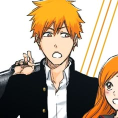 two anime characters one with orange hair and the other with red hair, are standing next to each other