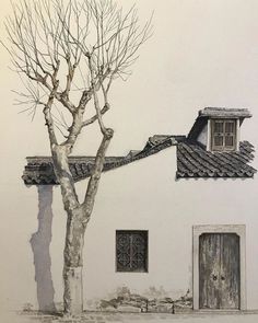 a drawing of a house with a tree in front of it