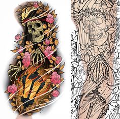 two pictures one with a skull and the other with flowers on it, both have different designs