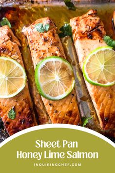 sheet pan honey lime salmon with lemons and cilantro garnishes