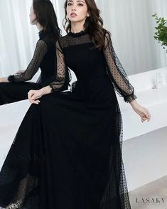 Lasaky - Sophisticated Black Long-Sleeve Evening Dress for Hosting Events Black Long Sleeve Evening Gown, Long Sleeve Black Evening Dress, Prom Dress High Neck, Black Dress Elegant, Cheap Prom Dresses Online, Black Evening Gown, Black Attire, Dress High Neck, Evening Dresses Online