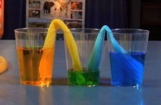 three glasses filled with different colored liquid