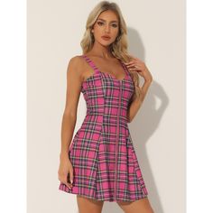 This dress is A-line, featuring a zipper front, straps, and the classic plaid pattern in soft stretch fabric. A refined piece and comfy wear cloth for all kinds of occasions. Pair it with heels for a vintage and charming look. Perfect for holidays, parties, clubs, dating, weekends, etc. The sleeveless and flare hem design is a great highlight, full of a sense of detail and design. Sleeveless Plaid Dress For Party, Fitted Sleeveless Plaid Party Dress, Fitted Plaid A-line Mini Dress, Trendy Plaid Mini Dress For Party, Plaid Sleeveless Dress With Adjustable Straps, Comfy Wear, Mini Party, Hem Design, Womens Plaid