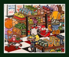 a drawing of two teddy bears in a grocery store