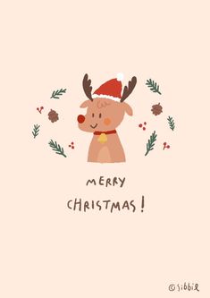 a christmas card with a reindeer wearing a santa hat