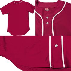 This Professional Grade, traditional, full-buttoned jersey is crafted from a moisture-wicking stretch mesh material. Its authentic braid is sewn-on and the front features extra-wide spacing between the upper buttons to accommodate a large team logo, which is included with the jersey. Personalize this jersey with your team name, player name, and player number, and you may add text to the tail as well. Customized with your Team Name with Tail Swoosh, Player Name and Numbers1. Front Name: 2. Name i Red Cotton Jersey With Team Name, Red Cotton Jersey For Sports Events, Red Collegiate Jersey With Baseball Collar, Collegiate Red Jersey For College, Collegiate Red Jersey, Red Collegiate Jersey For College, Collegiate Style Red Jersey For College, Red Baseball Jersey With Team Name And Baseball Collar, Red Baseball Season Jersey