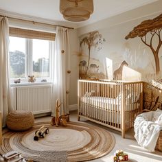 a baby's room decorated in neutral colors