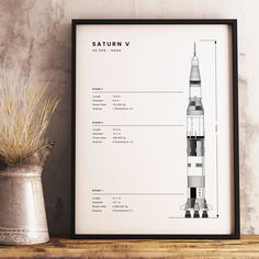 the saturn v rocket diagram is displayed on a shelf next to a potted plant