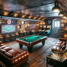 Unwind in a sophisticated underground man cave with rustic brick walls, classic hardwood floors, and a leather sectional paired with a massive TV. Enjoy a game of pool, pinball, or rock out on a mini stage. A stocked bar and vintage decor adds a fun vibe. #ManCaveGoals #RusticDecor #HomeBar #GameRoom #HomeTheatre #MusicStage Unique Man Cave Ideas, Mini Stage, Bar Lounge Room, Classy Man, Game Room Ideas, Garage Game Rooms, Male Aesthetic, Man Cave Design, Garage Guest House