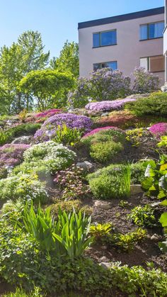 a hillside with lots of flowers and trees on the side of it in front of a building