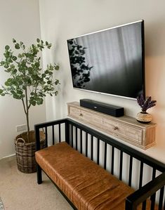 a flat screen tv sitting on top of a wooden shelf next to a potted plant