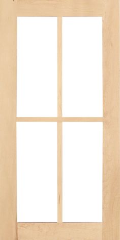 a wooden door with four panes and no glass on the top half, in front of a white background