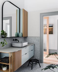 a bathroom with a sink, mirror and plant on the counter in front of it