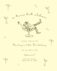 a birthday party card with an image of a man sitting in a chair and holding a martini