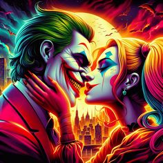 the joker and harley kissing in front of a full moon with city lights behind them