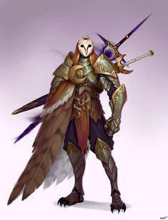 a character from the video game overwatch holding two swords and an owl's head