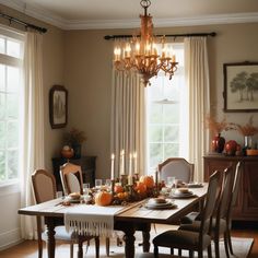 a dining room table with candles and pumpkins on it