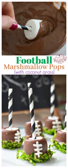 chocolate football marshmallow pops with coconut grass are ready to be eaten and served