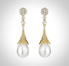 A vintage flair places this pair of bridal earrings in a class of their own. All it takes is a simple glance at this unique design to see its extremely classy look that makes a glamorous and feminine statement. Adorned with iridescent pearls and flawless cubic zirconia that captures the light from every angle with a perfectly translucent appeal, the earrings are gold / rhodium plated for a flawless finish which perfectly enhances the intricate detailing and conveys a modern take on old elegance. Classic Formal Crystal Earrings With Elegant Design, Glamorous Bridal Earrings With Elegant Design, Classic Elegant Crystal Earrings For Formal Occasions, Glamorous Formal Bridal Earrings With Elegant Design, Glamorous Elegant Bridal Earrings For Formal Occasions, Classic Bridal Earrings With Elegant Design For Evening, Glamorous Formal Pearl Drop Earrings, Elegant Clip-on Drop Bridal Earrings, Classic Elegant Design Bridal Earrings For Evening