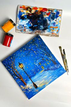 Christmas canvas painting showcasing a winter scene with Christmas lights and a warmly lit house under a starlit sky. Winter Artwork, Christmas Canvas