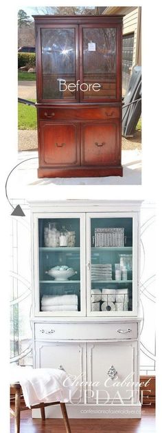 the before and after pictures of an old china cabinet with glass doors, painted white