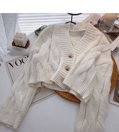 Style: commuting Size: one size Color: white, gray, black, pink White Sweater Top, Woolen Clothes, Tops Korean, Amazing Crochet, Cardigan Design, Korean Design, Sweater Tops, Loose Long Sleeve, Cute Preppy Outfits